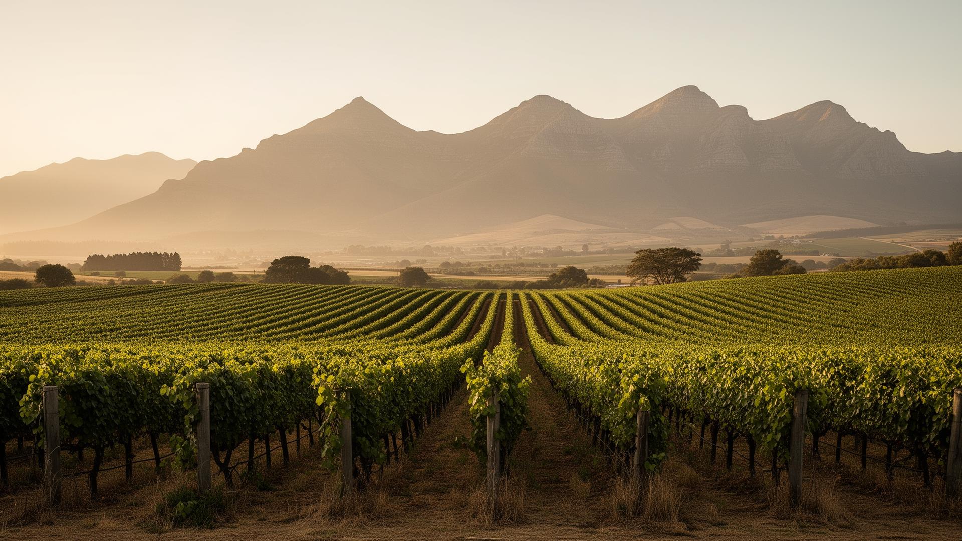 South African vineyard at golden hour with mountains in the distance
